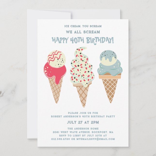 Retro Patriotic Ice Cream Cone 40th Birthday Invitation (Front)