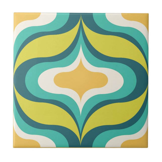 Retro Pattern Bright Green Teal Ceramic Tile (Front)