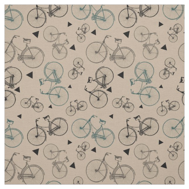 Retro Pattern Fabric|Grey Bicycles Print On Tan Fabric (Swatch)