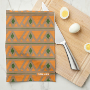 Retro pattern greek orange green tea towel