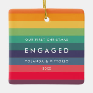 Retro pattern Our First Christmas engaged photo Ceramic Ornament