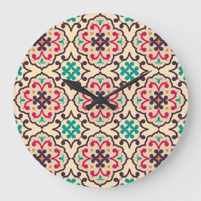 Pattern Retro Clock Retro pattern: wallpaper, textile design large clock | Zazzle