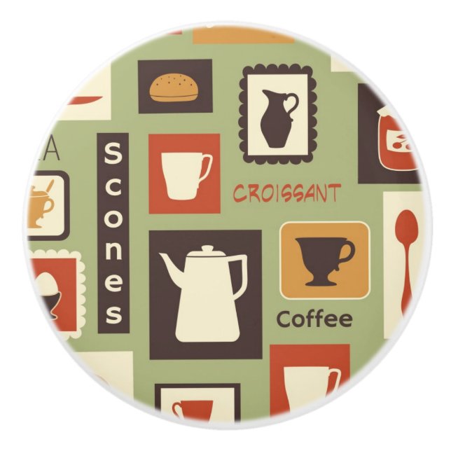Retro pattern with kitchen dishes for breakfast ceramic knob (Front)