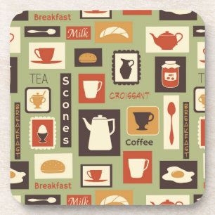 Retro pattern with kitchen dishes for breakfast coaster