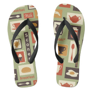 Retro pattern with kitchen dishes for breakfast flip flops