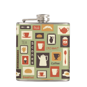 Retro pattern with kitchen dishes for breakfast hip flask
