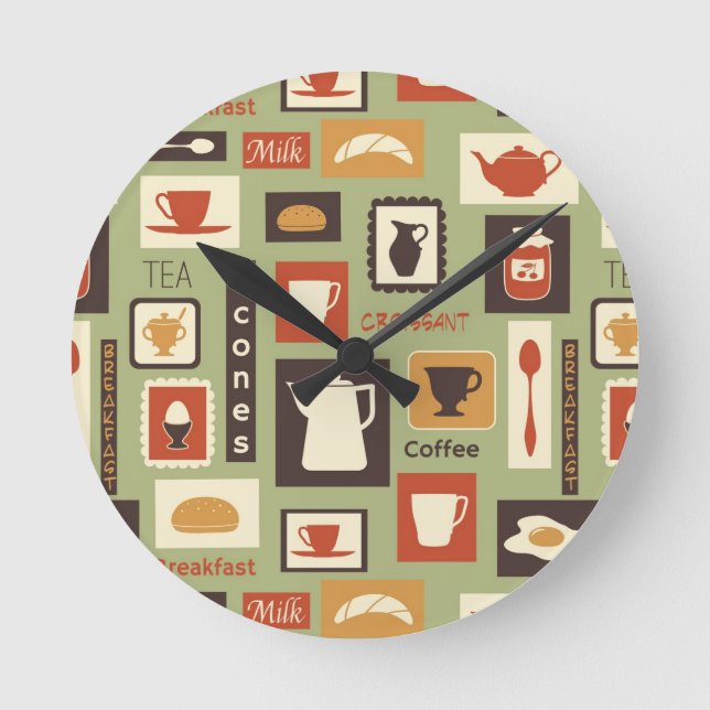 Retro pattern with kitchen dishes for breakfast round clock (Front)