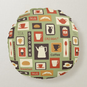 Retro pattern with kitchen dishes for breakfast round cushion