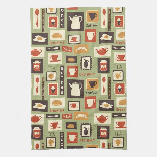 Retro pattern with kitchen dishes for breakfast tea towel (Vertical)