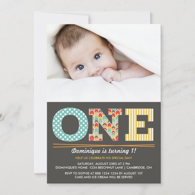 Retro Patterns First Birthday Photo Invitation (Front)