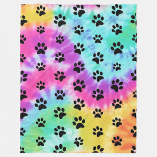 Retro Paw Print Rainbow Tie Dye  Fleece Blanket