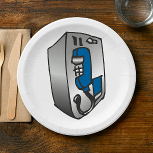Retro Payphone Blue and Silver Public Telephone Paper Plate
