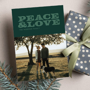 Retro peace and love green one photo holiday card