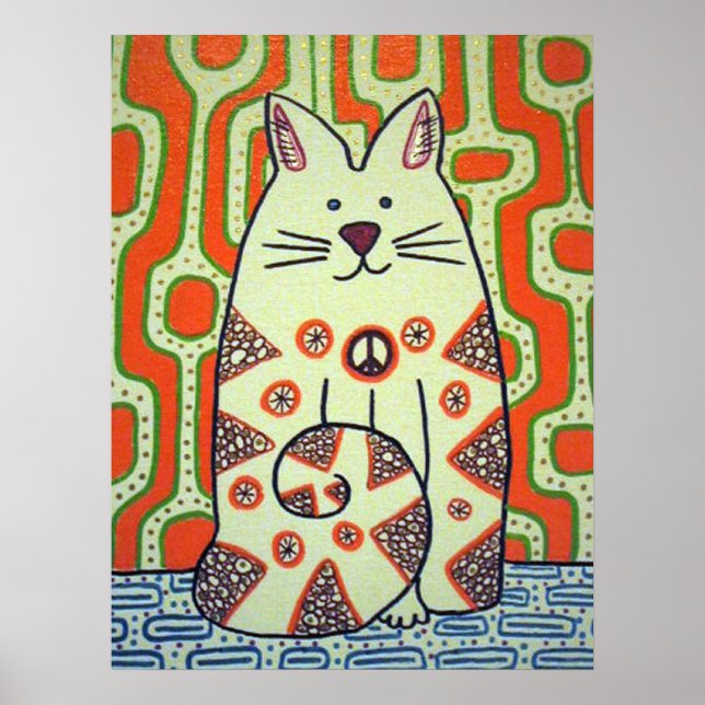 Retro Peace Cat With Orange Stripes Poster (Front)