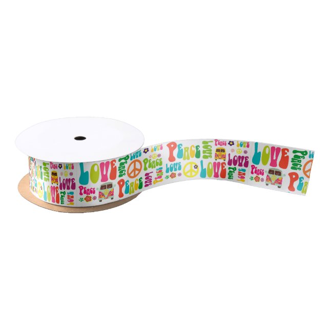 Retro Peace Hippy Sign Pattern Satin Ribbon (Spool)