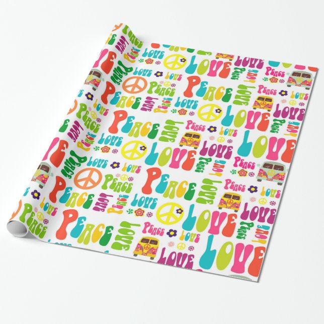 Retro Peace Hippy Sign Pattern Wrapping Paper (Unrolled)