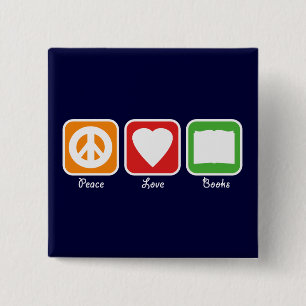 Retro Peace, Love, Books Button (Dark)