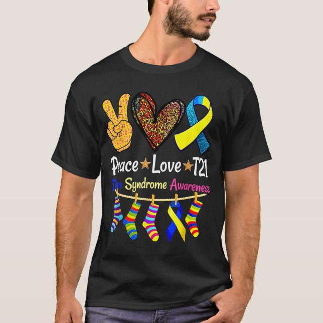 Retro Peace Love Cure Blue World Down Syndrome Awa T-Shirt (Front)
