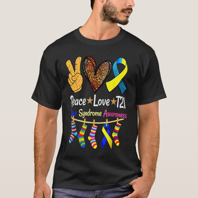 Retro Peace Love Cure Blue World Down Syndrome Awa T-Shirt (Front)