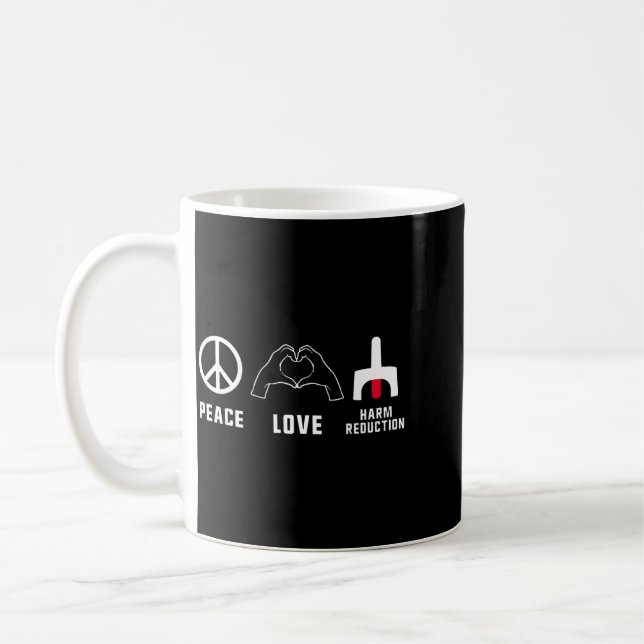 Retro Peace Love Harm Reduction Overdose Awareness Coffee Mug (Left)
