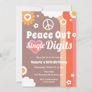 Retro Peace Out 10th Birthday Invitation