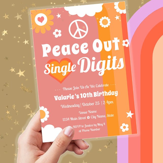 Retro Peace Out 10th Birthday  Invitation (Creator Uploaded)
