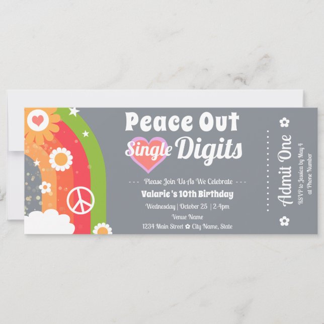 Retro Peace Out 10th Birthday Ticket Invitation (Front)