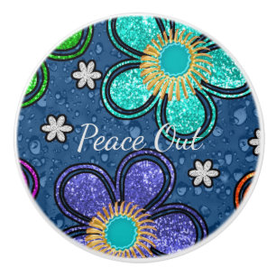 Retro Peace Out Hippie Style Flower Power Pattern Ceramic Knob