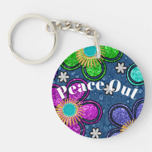 Retro Peace Out Hippie Style Flower Power Pattern Key Ring