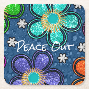 Retro Peace Out Hippie Style Flower Power Pattern Square Paper Coaster