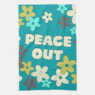 Retro Peace Out Quote Hippie Flowers Tea Towel