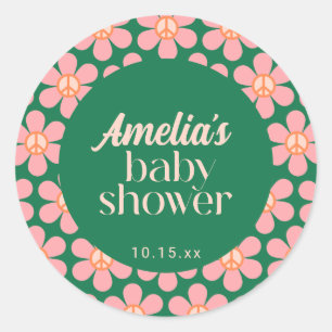 Retro Peace Sign Flower Green Pink Baby Shower Classic Round Sticker