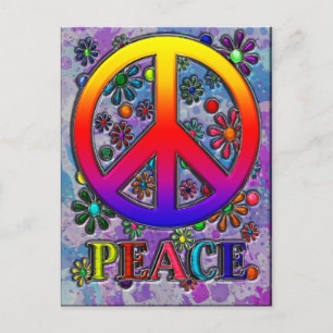 Retro Peace Sign Text & Flowers Postcard