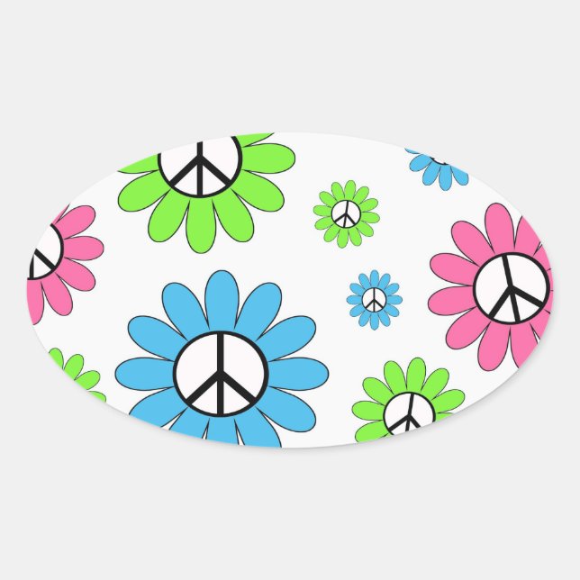 Retro Peace Symbol Flowers Oval Sticker (Front)