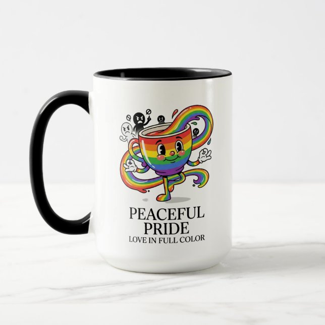 Retro Peaceful Pride Rainbow Coffee Cup T-Shirt (Left)