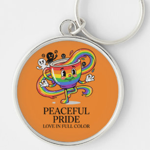 Retro Peaceful Pride Rainbow Coffee Cup T-Shirt Key Ring