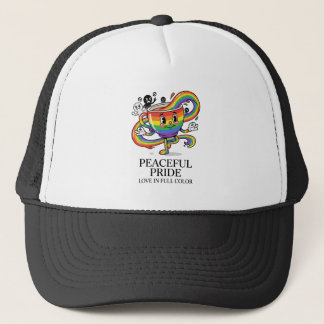Retro Peaceful Pride Rainbow Coffee Cup T-Shirt Trucker Hat