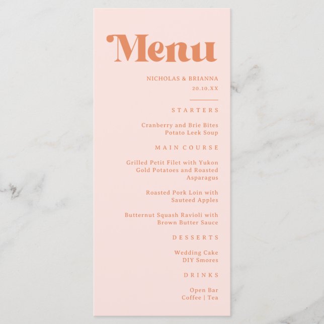 Retro Peach and Cream Wedding Menu (Front)