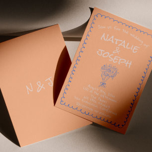 Retro Peach Blue Hand Drawn Funky Quirky Wedding Invitation