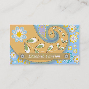 Retro peach, blue paisley motif floral business card