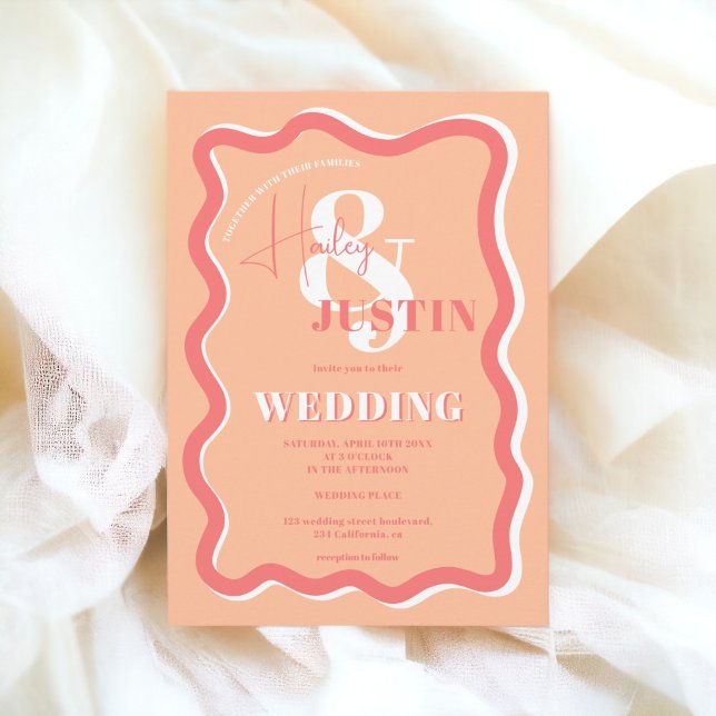 Retro peach curve squiggle wavy wedding photo invitation (Retro peach curve squiggle wavy wedding photo invitation)