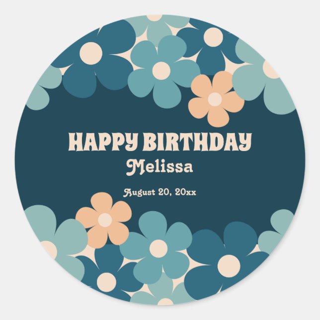 Retro Peach Dark Green Boho Flower 40th Birthday  Classic Round Sticker (Front)