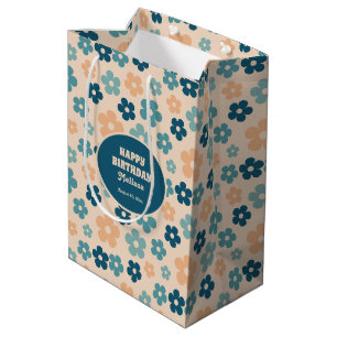 Retro Peach Dark Green Boho Flower 40th Birthday  Medium Gift Bag