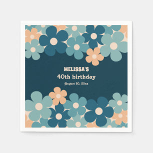Retro Peach Dark Green Boho Flower 40th Birthday  Napkin