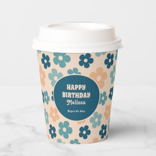 Retro Peach Dark Green Boho Flower 40th Birthday Paper Cups