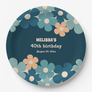 Retro Peach Dark Green Boho Flower 40th Birthday Paper Plate