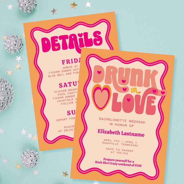 Retro Peach Drunk in Love Bachelorette Weekend Invitation (Creator Uploaded)