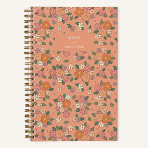 Retro Peach Floral Notes Personalised Name Notebook