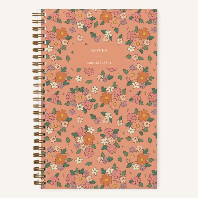 Retro Peach Floral Notes Personalised Name Notebook (Front)