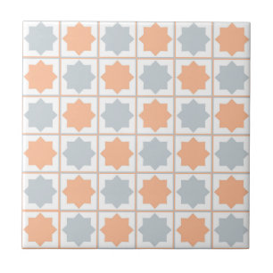 Retro Peach Fuzz and Blue Islamic Geometric Patter Tile